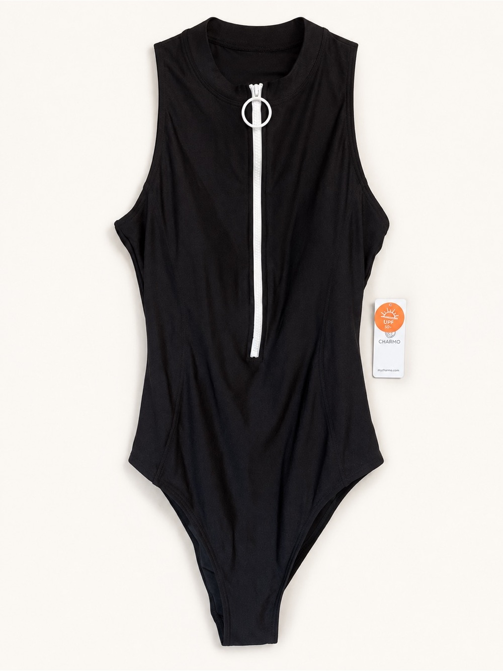 Charmo Black Zip Front One Piece Swimsuit NWT Size M UPF 50+